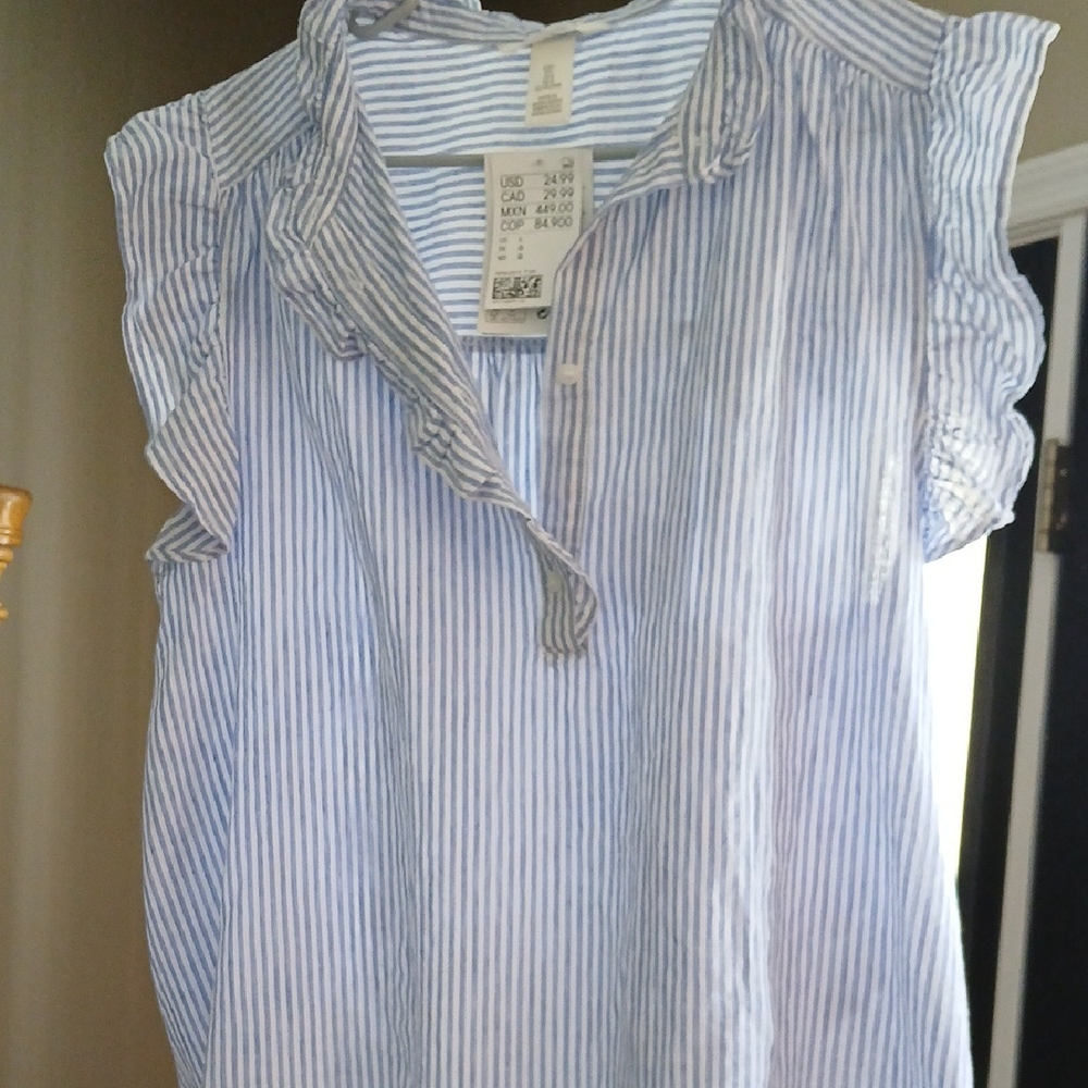 H&M Blue and White Ruffled Mandarin Collar Blouse